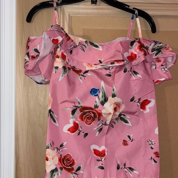 Womens Casual Pink Floral Ruffle Off The Shoulder Blouse Sz S - Picture 2 of 3
